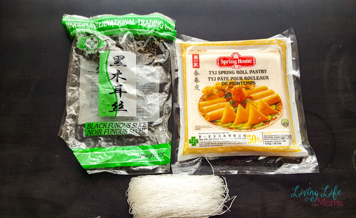 Packages of black fungus sliced, TYJ spring roll pastry  and bean thread noodles.