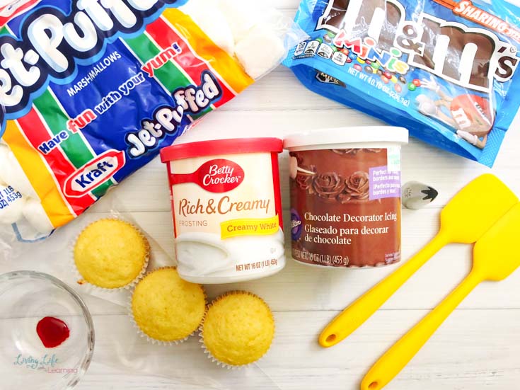 ingredients for simple snowman marshmallow cupcakes