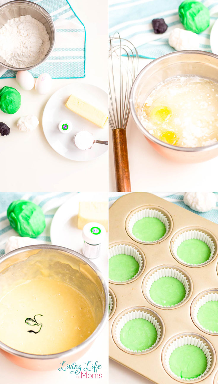 Use green tinted cupcake batter to make this wacky alien cupcakes recipe. 