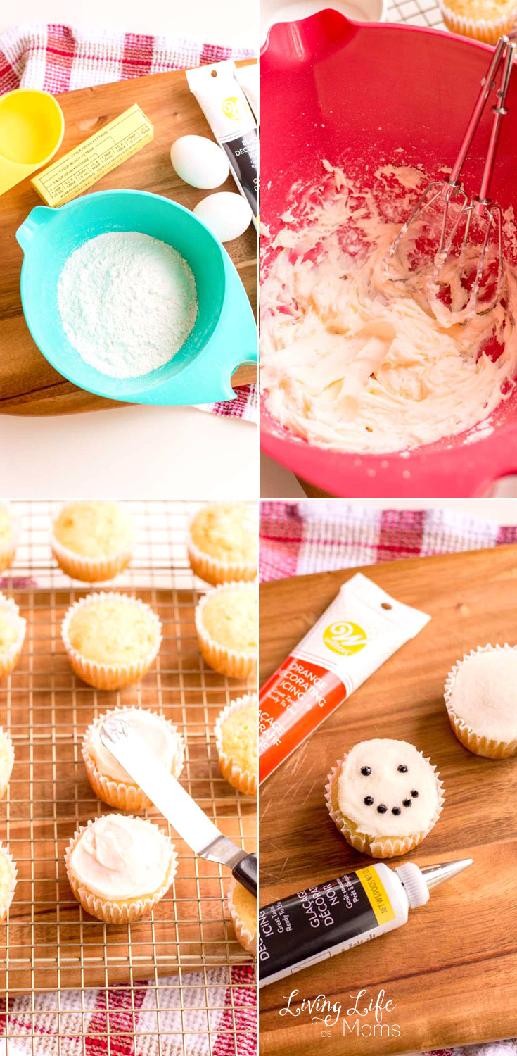 process of how to make snowman cupcakes