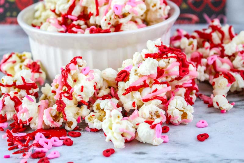 Valentine's Day popcorn in a white bowl