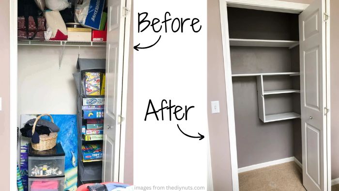 DIY closet shelves to declutter junk closet