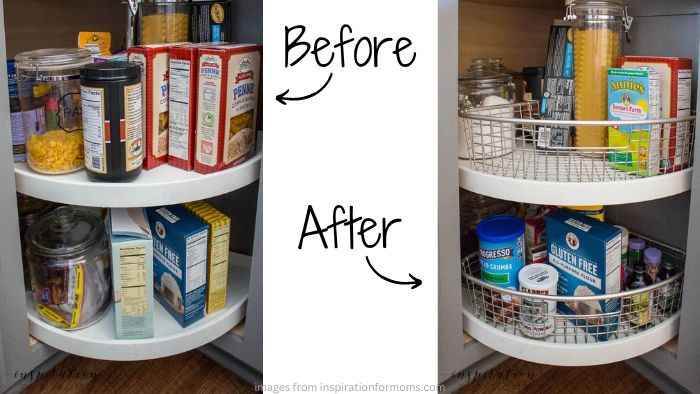 organize lazy susan cabinet with baskets