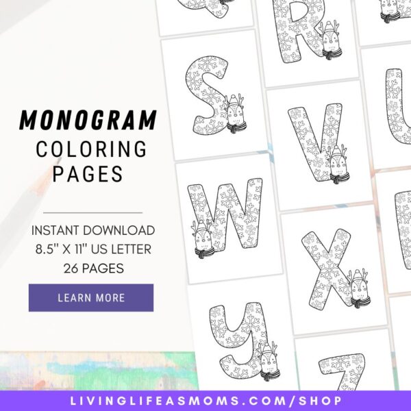 monogram coloring pages in winter wonderland typography