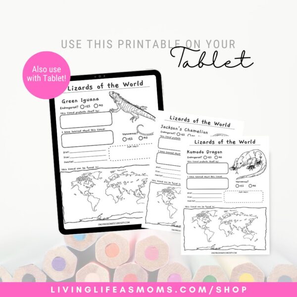 Lizards of the world activity set on a tablet
