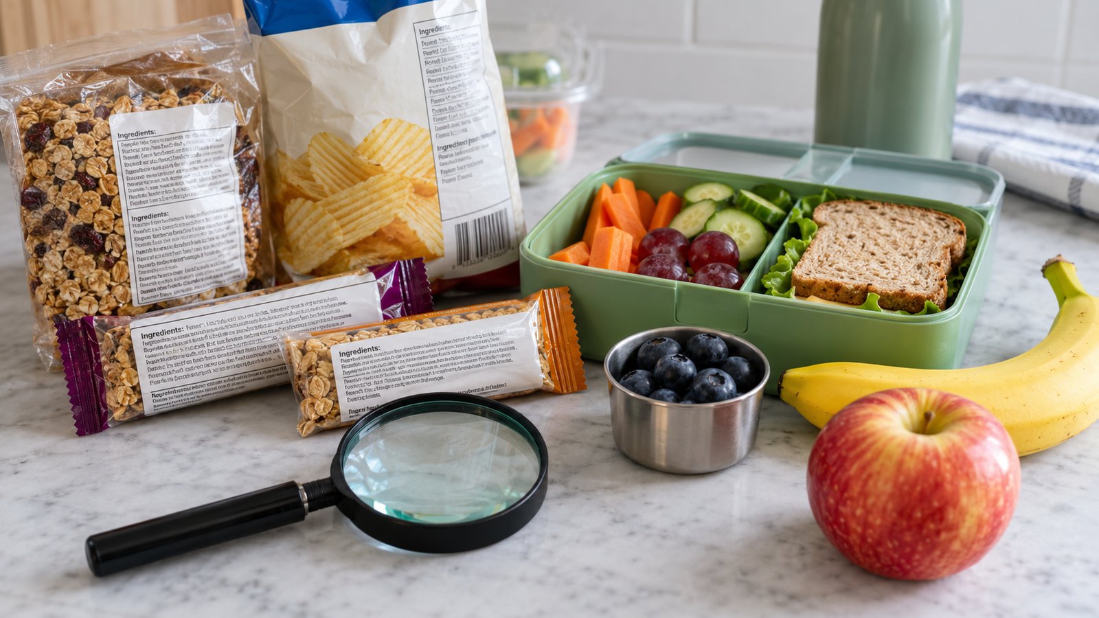 Packaged snacks with ingredient labels visible on a counter next to a lunch box, a magnifying glass, nut-free foods - Allergy-Aware Lunches