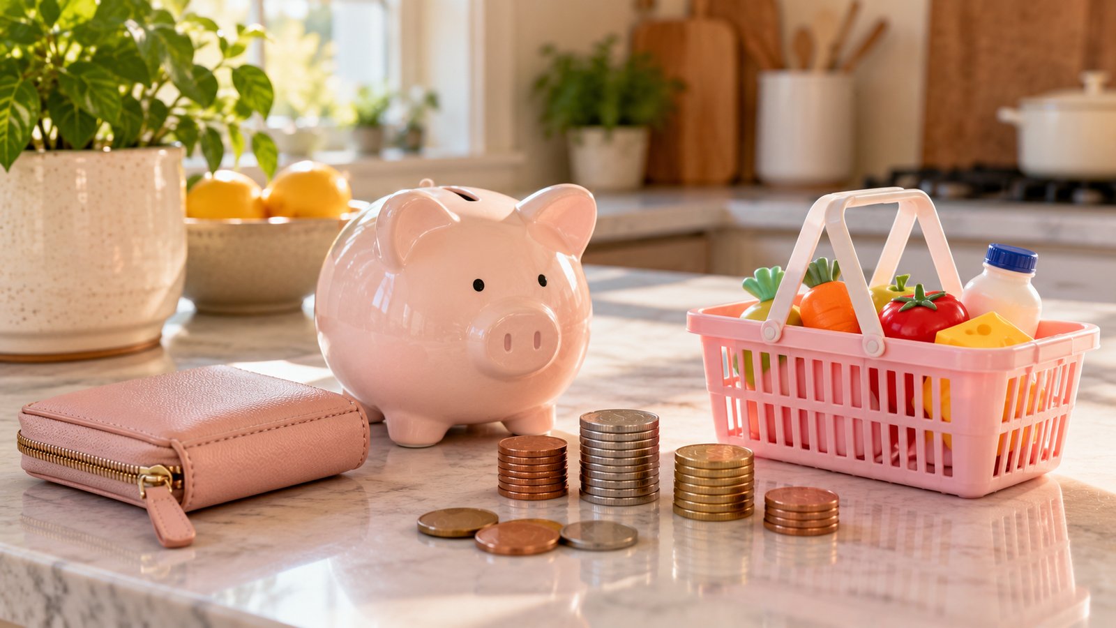 Piggy bank, small wallet, stacked coins and a toy shopping basket on a counter