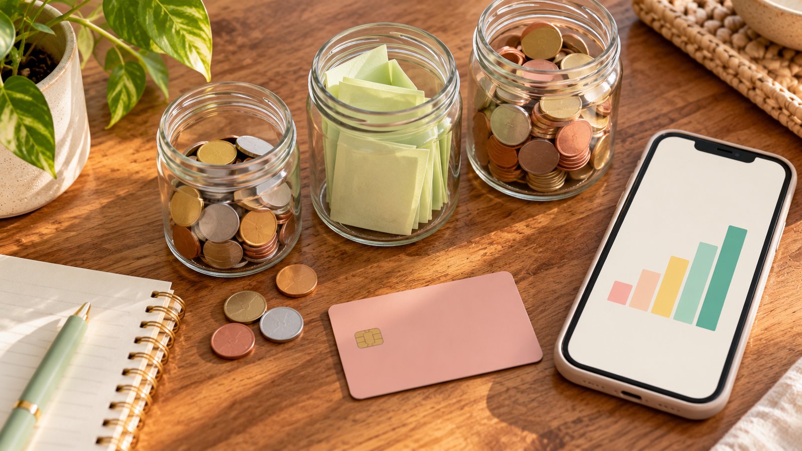 Three money jars, a plain debit card and a phone with a savings chart on a wooden table