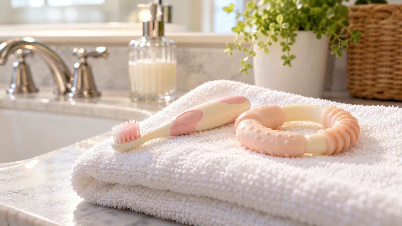 A baby soft toothbrush and a clean teething ring on a folded towel, bright bathroom - Why Baby Teeth Matter