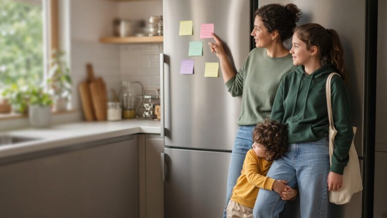 Mom walking a teenage babysitter through notes on the fridge before leaving