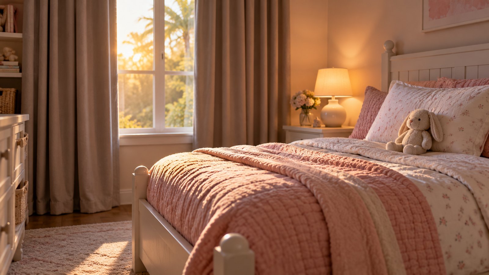 A tidy kids' bedroom with thick blackout curtains half open, a made bed and a small stuffed rabbit on the pillow - Naps, Weekends and Changing Schedules