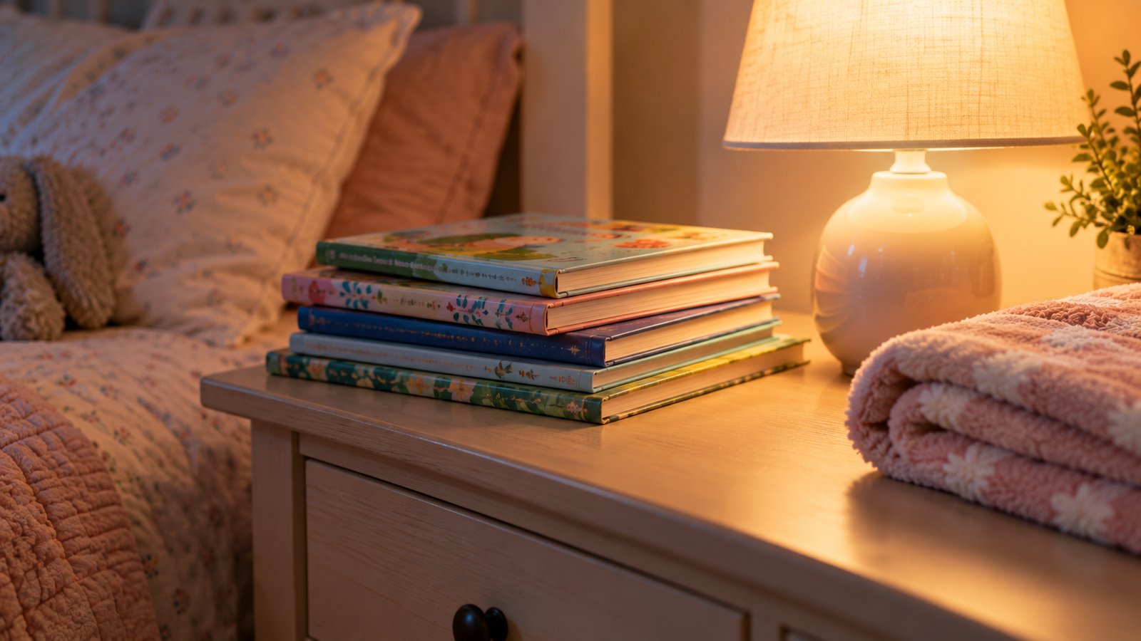 A stack of children's picture books and a warm bedside lamp on a nightstand next to a folded blanket - Building a Bedtime Routine That Holds