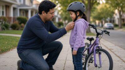 Dad adjusting the chin strap on his daughter’s bike helmet before a ride
