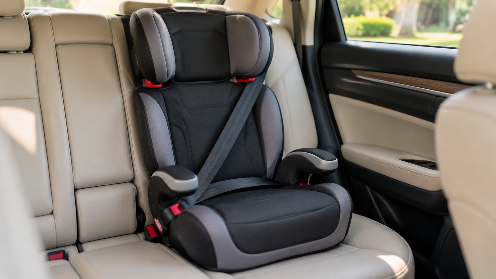 A booster seat in a back seat with the seat belt routed through the belt guide, no child - Stage Three: Booster Seats
