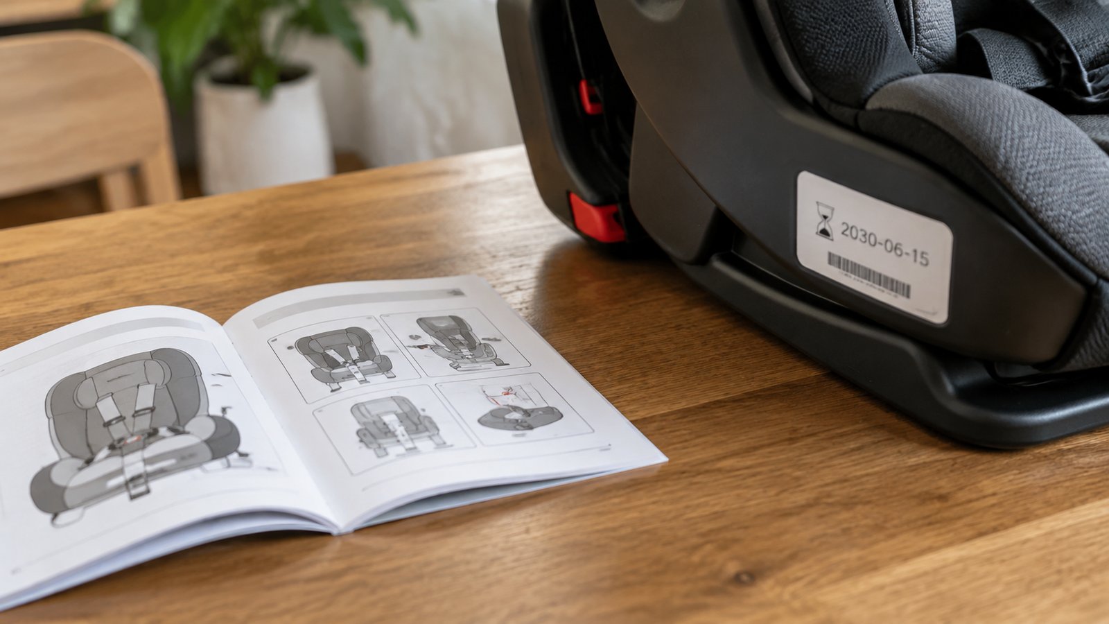 A car seat label showing an expiration date next to the printed manual on a table - Frequently Asked Questions