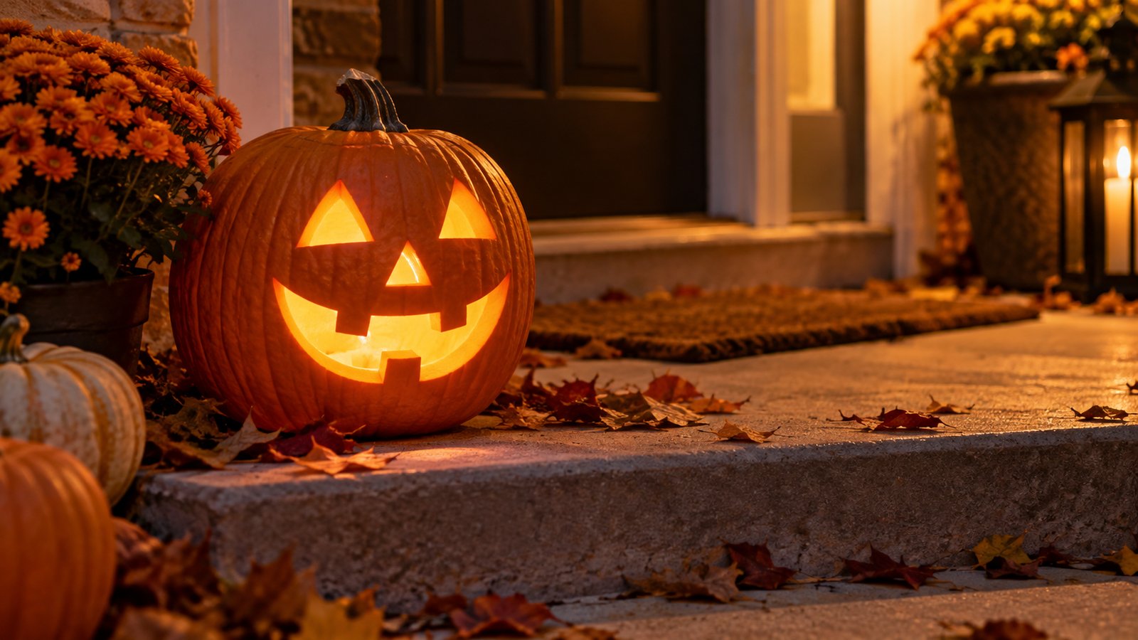 A carved jack-o-lantern lit by a battery-operated candle on a porch step with autumn leaves - Decorations, Pumpkins and Fire Safety