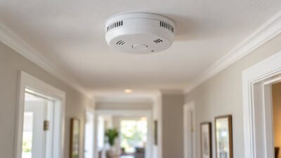 A white ceiling-mounted combination smoke and carbon monoxide alarm in a bright home hallway - Home Fire Safety for Families: Smoke Alarms, Escape Plans and Kitchen Rules