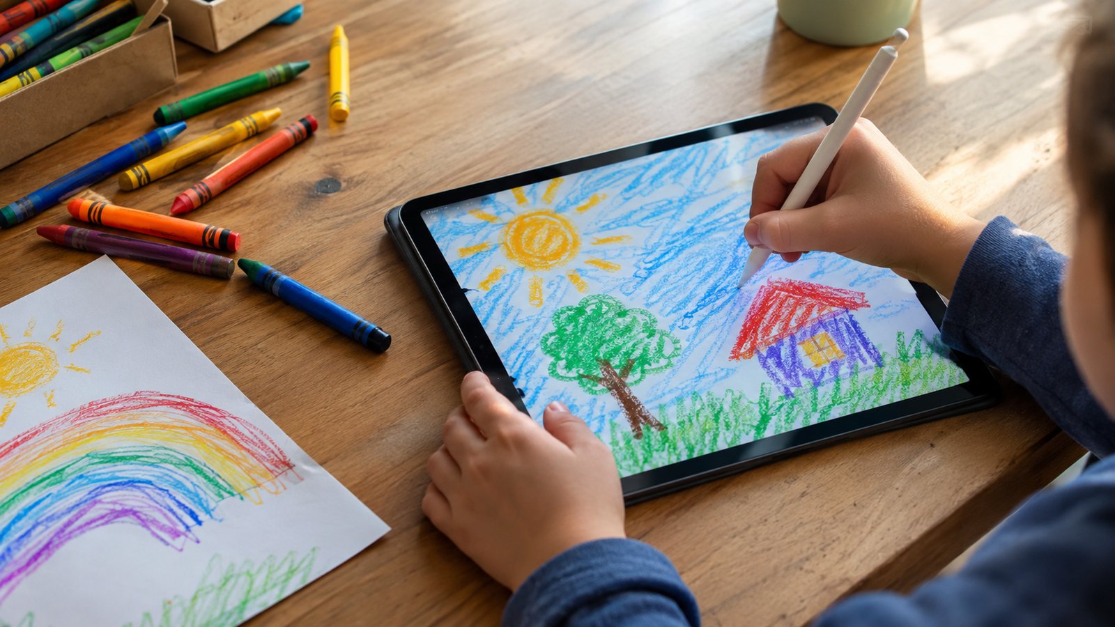 A child's hands drawing on a tablet with a stylus, crayons and paper beside it, creative play - Signs It May Be Time to Reset