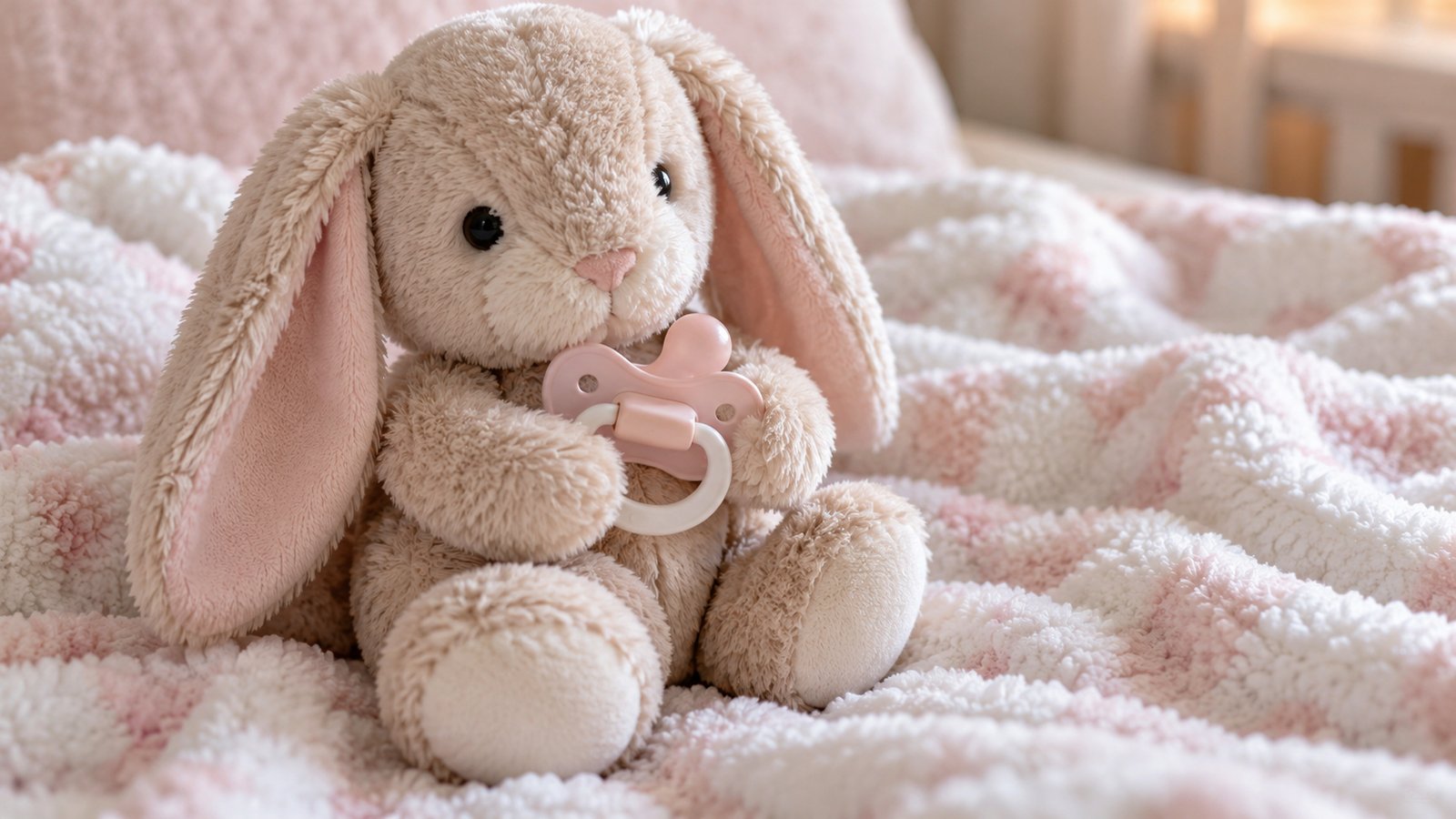 A stuffed rabbit holding a pacifier on a soft blanket, no child visible - Food, Drink and Teeth