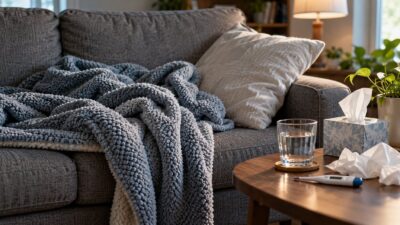 A sick child resting on a couch under a blanket seen from behind, a thermometer, a glass of water and tissues on a side table - When to Keep Your Child Home From School: A Parent's Sick Day Guide