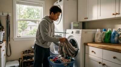 Teenage boy loading laundry into a washing machine in a bright laundry room, a typical task on a chore chart for teens