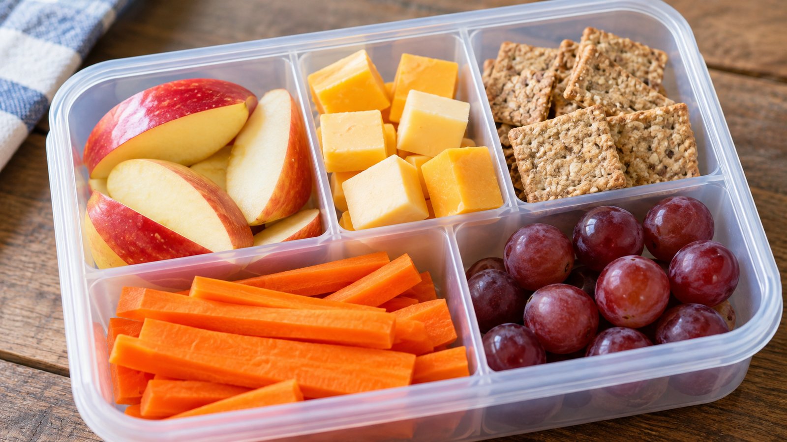 Colorful school lunch foods: apple slices, cheese cubes, whole-grain crackers, carrot sticks and grapes arranged in a container - Foods That Travel Well, and Foods to Think Twice About