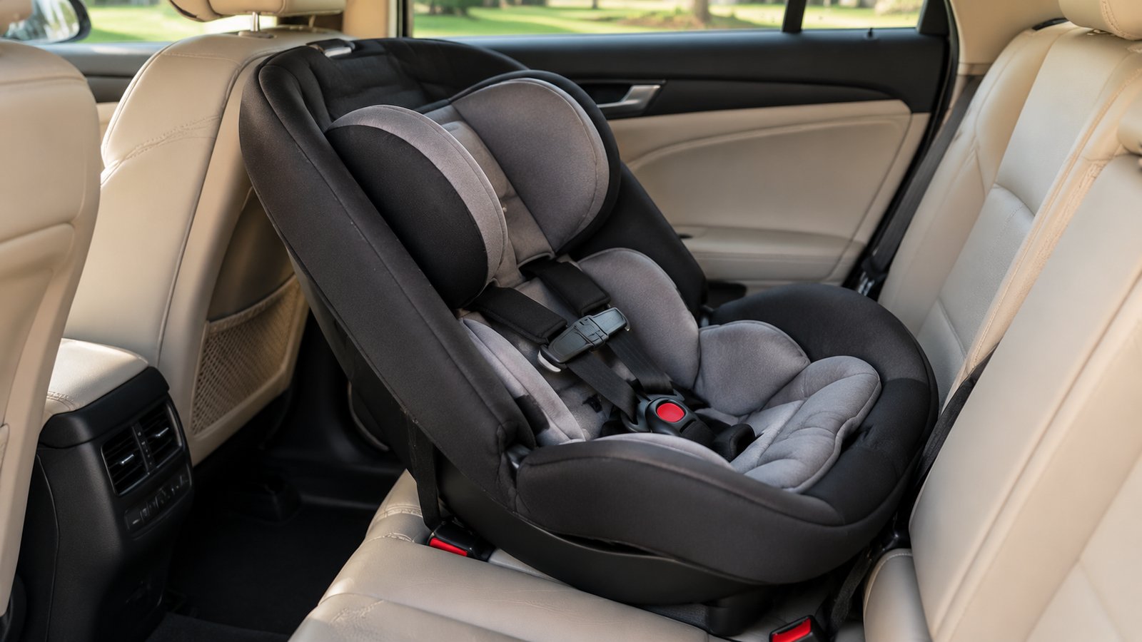 A convertible car seat installed rear-facing with harness straps and chest clip visible, no child - Stage One: Rear-Facing