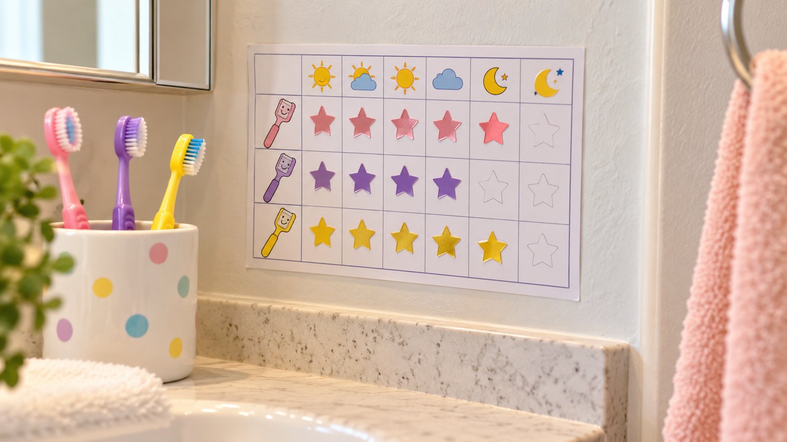 A star sticker chart for toothbrushing on a bathroom wall near a cup of brushes - Frequently Asked Questions