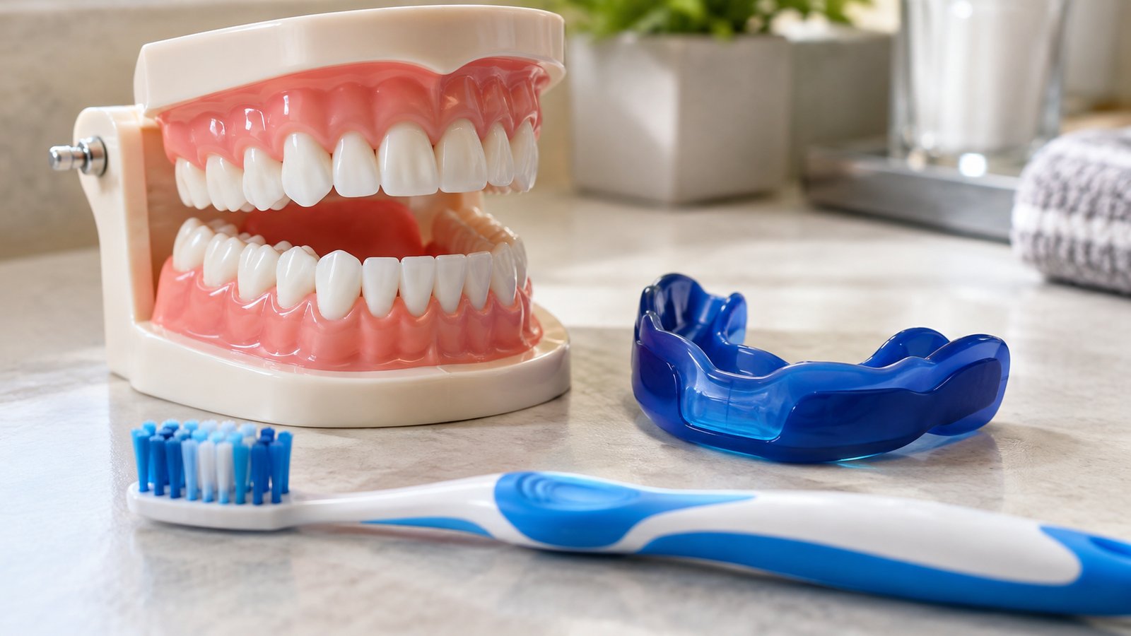 A dental teeth model, a sports mouthguard and a toothbrush on a table - The First Dental Visit