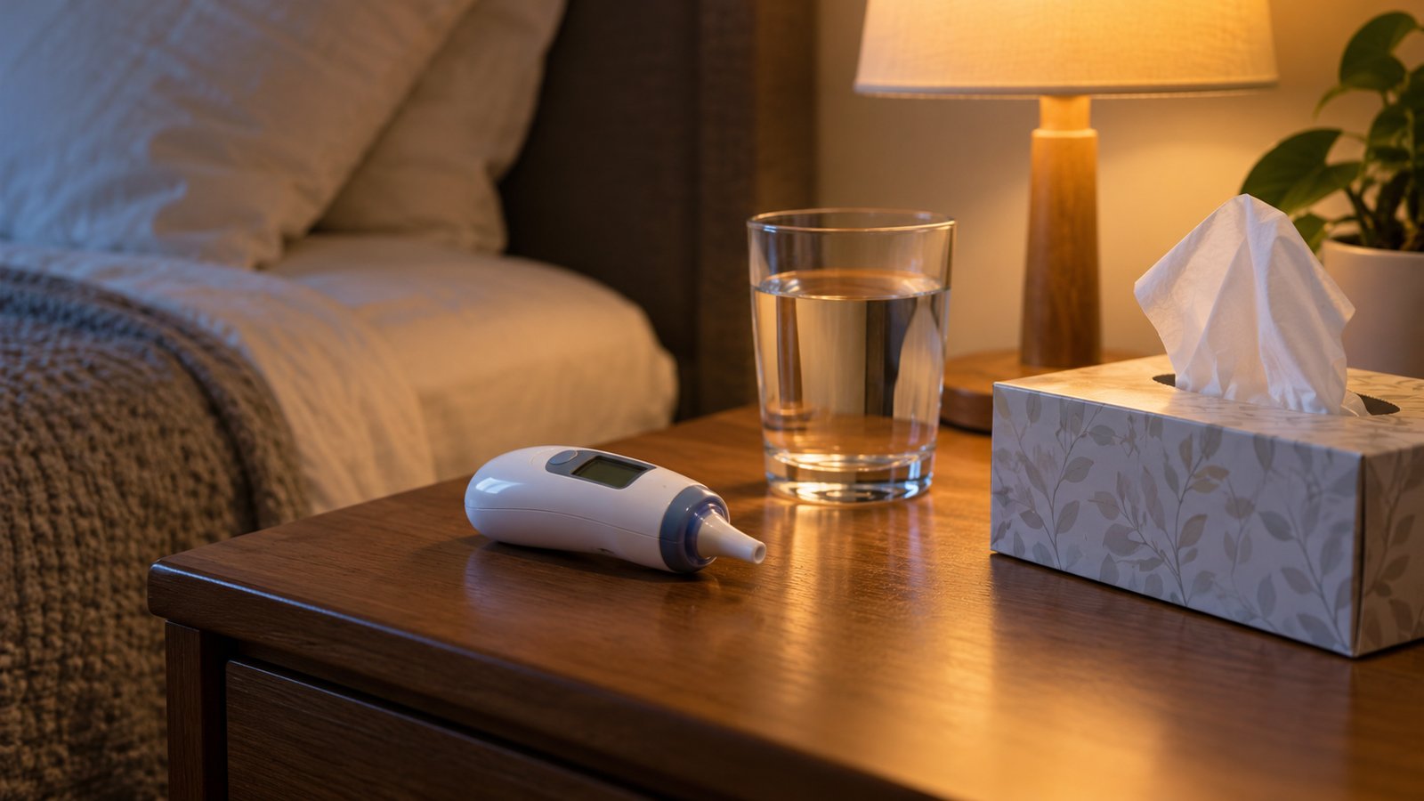 A digital ear thermometer next to a glass of water and a box of tissues on a bedside table - Start With Fever