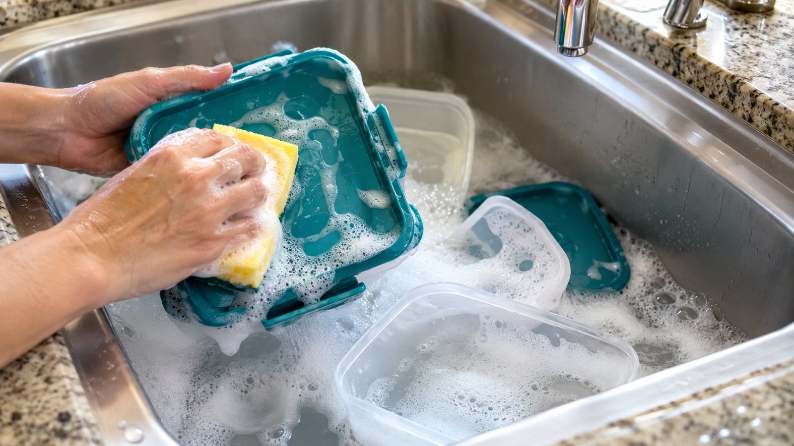 A lunch box and containers being washed in a sink with soapy water and a sponge - What Happens When the Lunch Goes Home