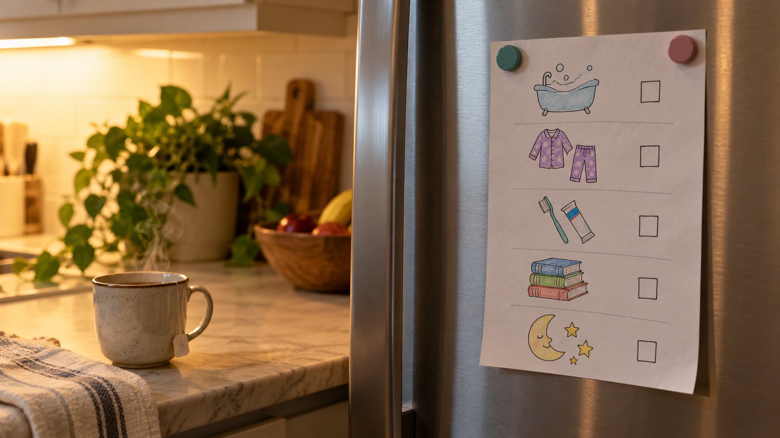 A hand-written family bedtime routine checklist held by magnets on a refrigerator door, a cup of tea on the counter - Frequently Asked Questions