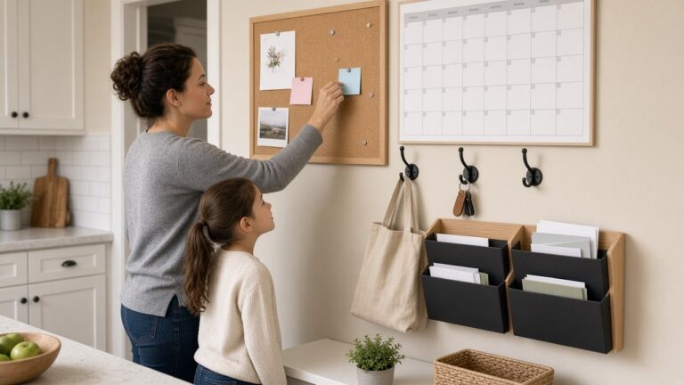 Mom pinning a note on a kitchen family command center with a cork board, calendar, hooks and mail sorter while her child watches