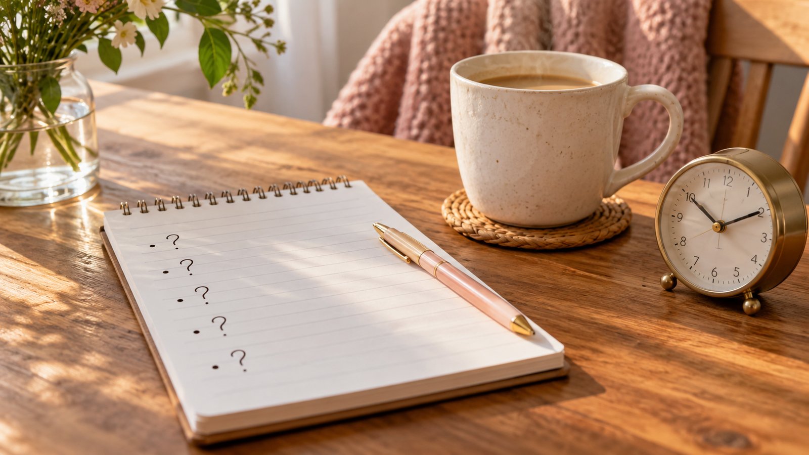 A notepad with questions, a mug and a small clock on a wooden table - Frequently Asked Questions