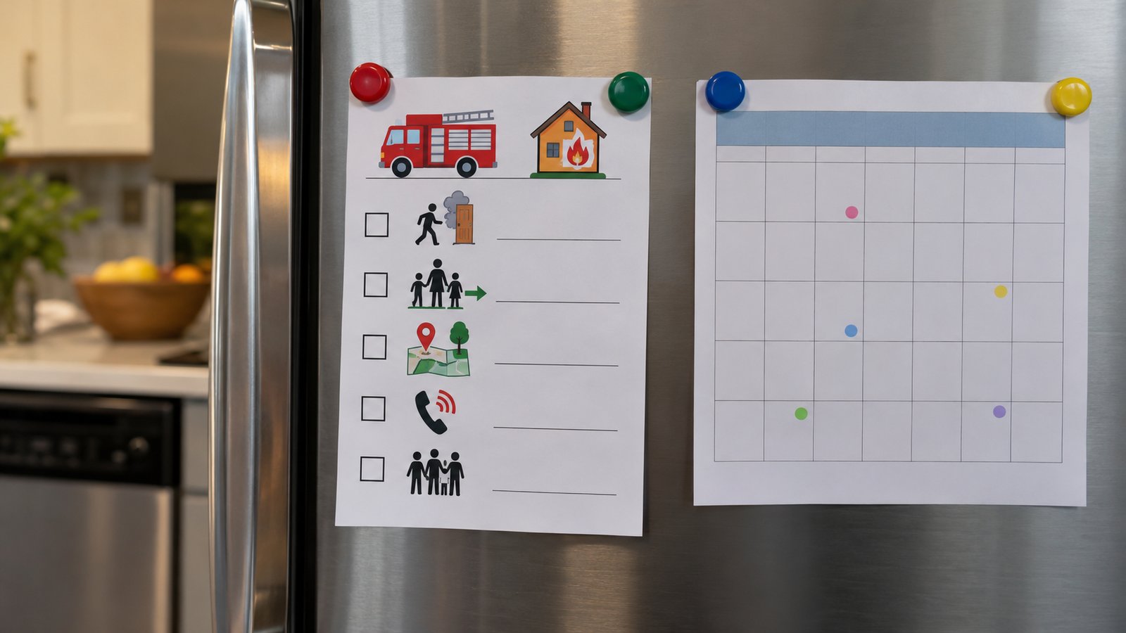 A family fire drill checklist and a monthly calendar held by magnets on a refrigerator - Frequently Asked Questions
