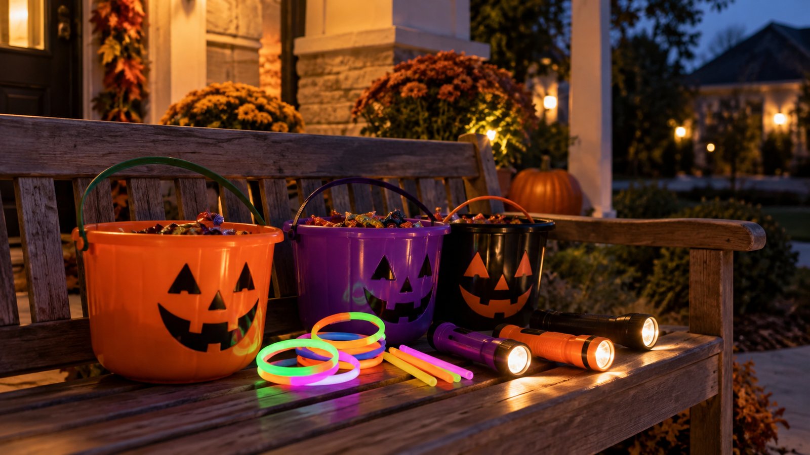 Treat buckets, flashlights and glow bracelets on a porch bench as night begins - Keep the Night Fun