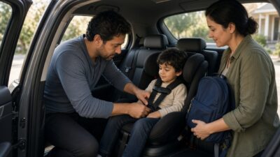 Dad buckling his preschooler into a car seat while mom stands by with a backpack
