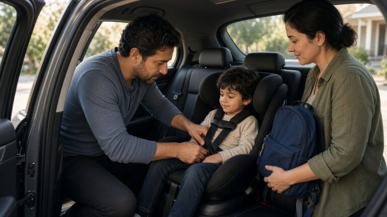 Dad buckling his preschooler into a car seat while mom stands by with a backpack
