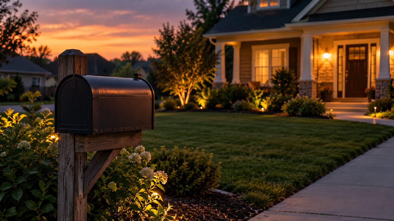 A mailbox at the edge of a front yard at dusk with a house behind, warm porch light, no people - Seasonal Fire Reminders