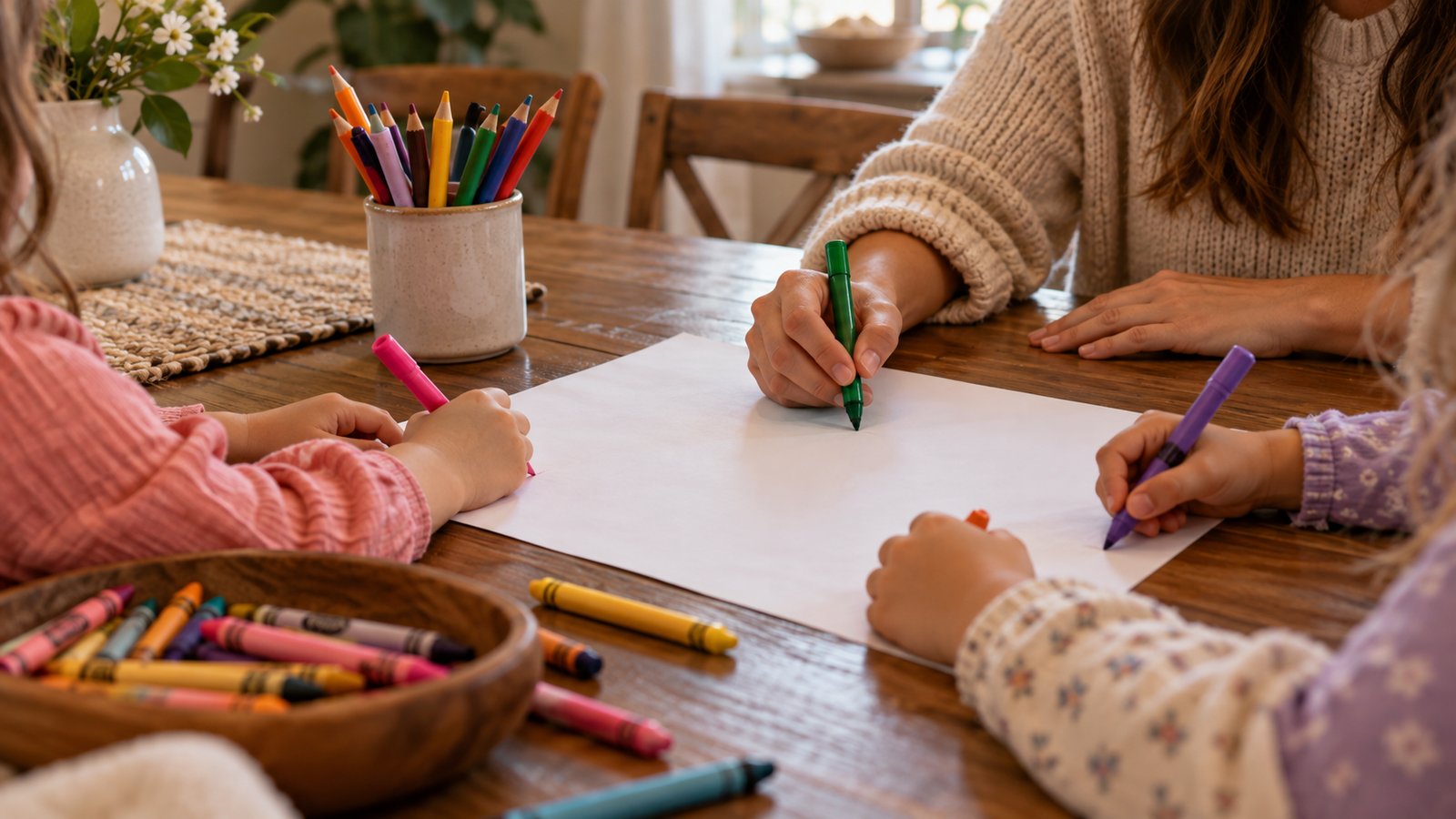 A family dining table with a sheet of paper where media rules are being written in marker, a pencil cup and crayons - Making Limits Work Without Constant Fights