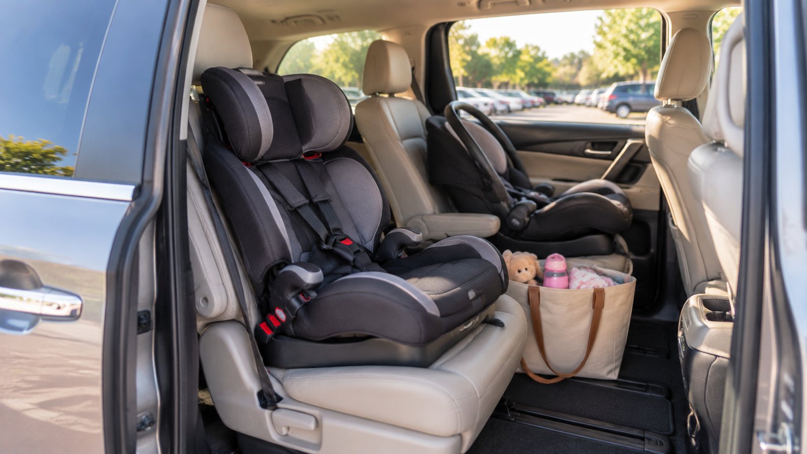 The open rear door of a family minivan showing two installed car seats and a packed tote bag, parking lot at morning - Travel, Carpools and Everyday Situations