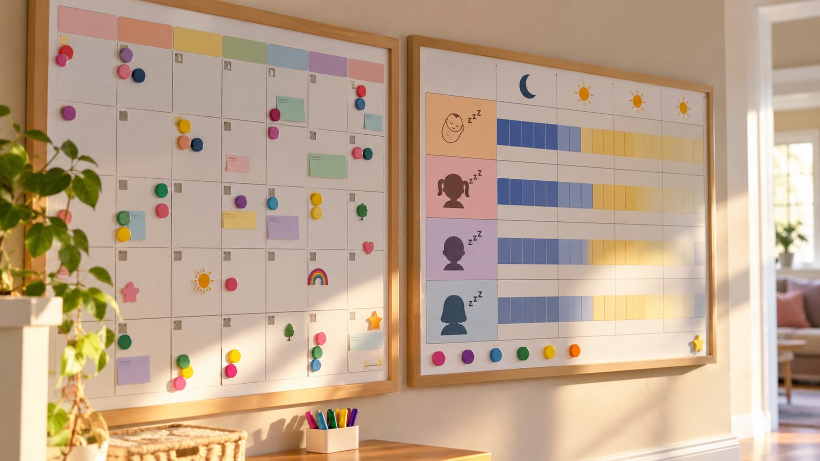 A family calendar and age-by-age sleep chart on a wall with colored magnets - Age-by-Age Tips