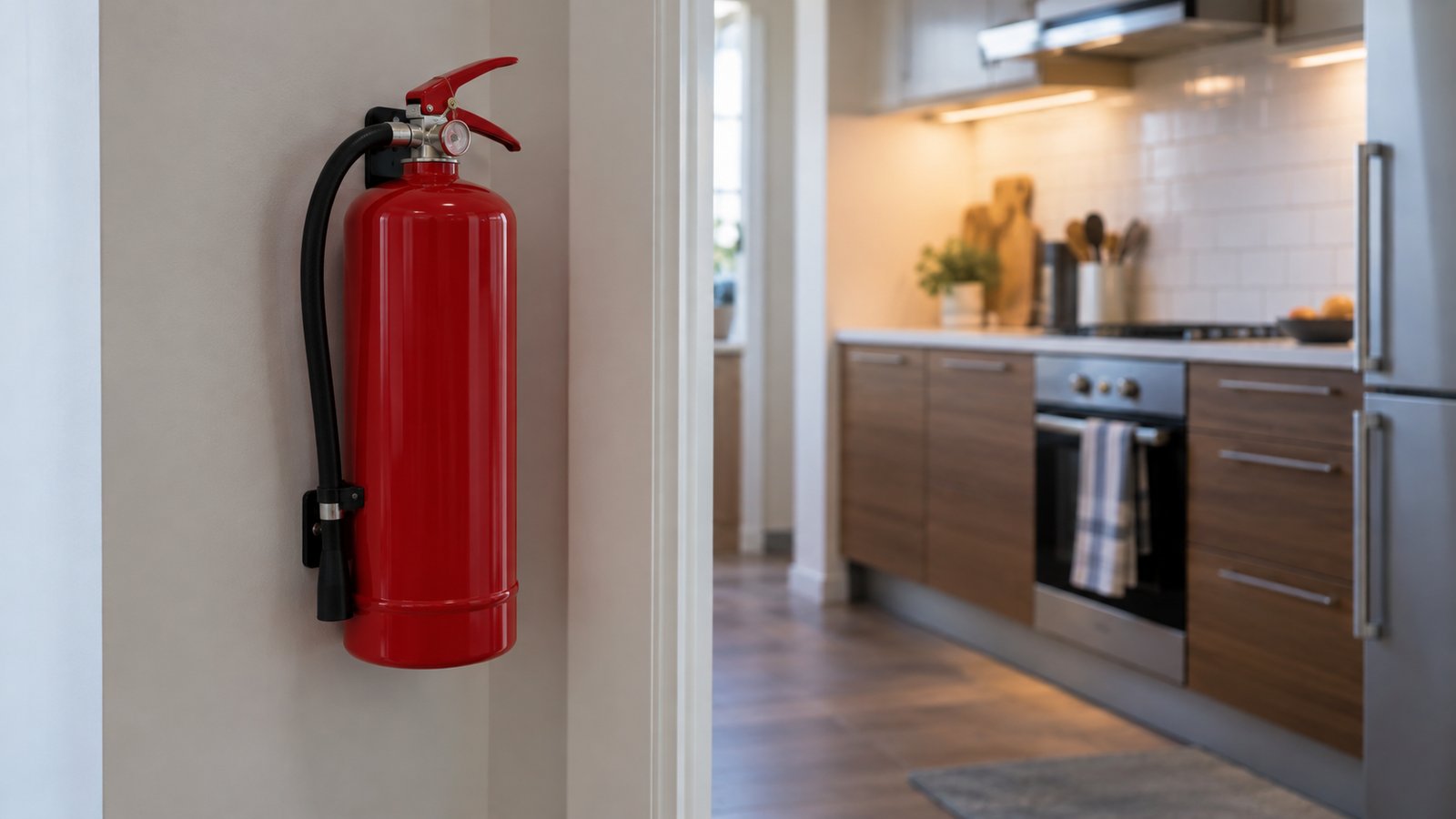 A red fire extinguisher mounted on a wall near a kitchen doorway - Teaching Children About Fire, by Age