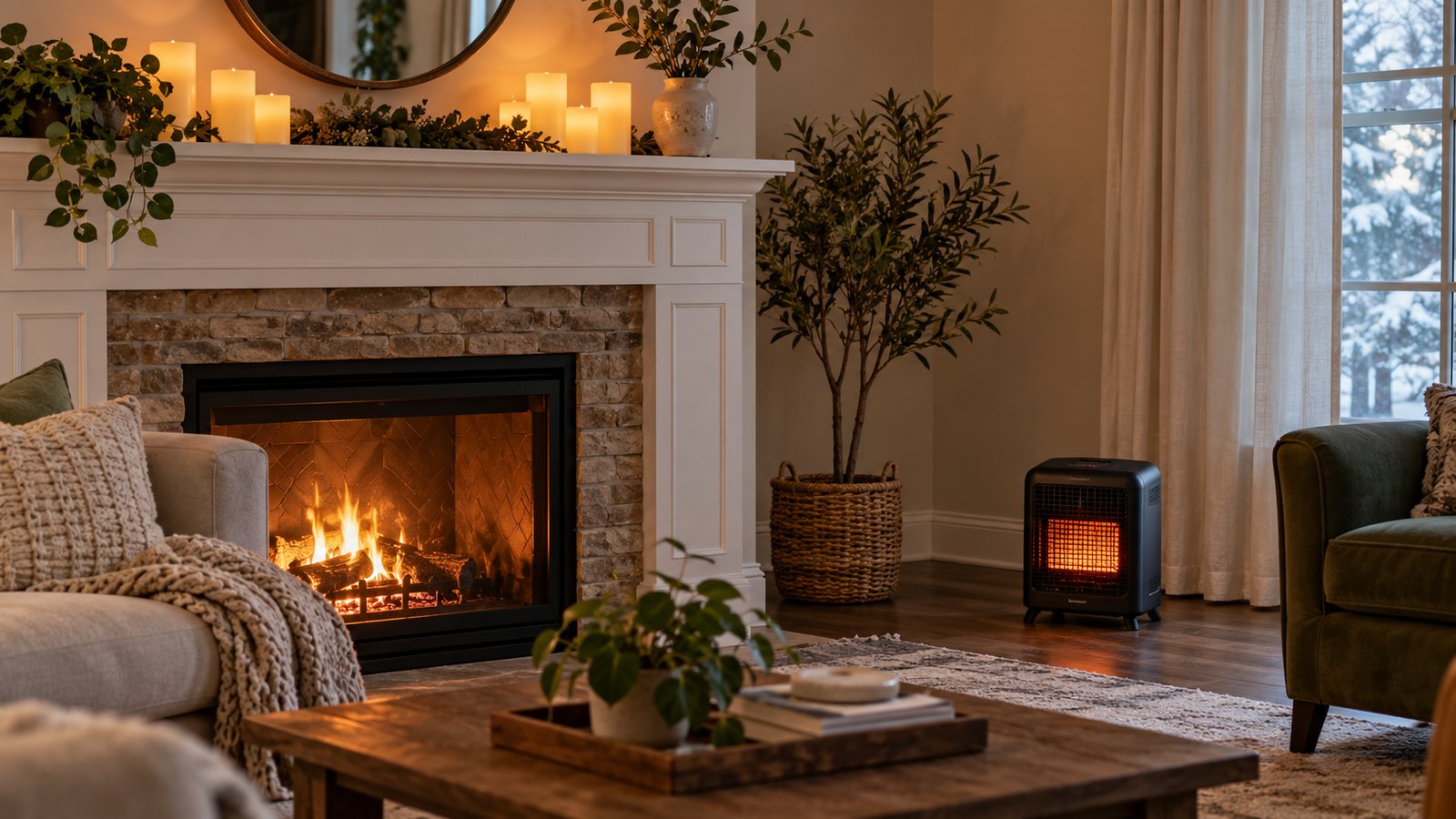 Flameless LED candles on a mantel and a small space heater placed well away from curtains in a living room - Candles, Heaters and Other Home Hazards