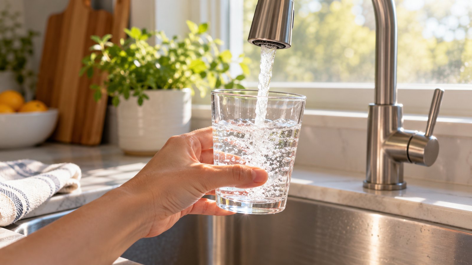 A glass of tap water filling at a kitchen faucet, morning light - Pacifiers, Thumb Sucking and Teething