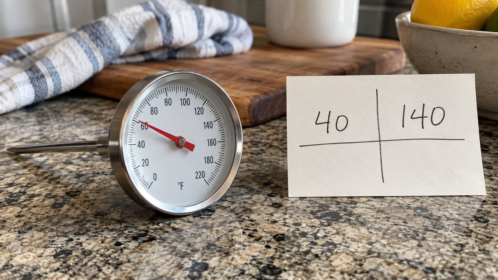 A kitchen thermometer beside a handwritten chart showing 40 and 140 degrees Fahrenheit on a counter - The Temperature Danger Zone