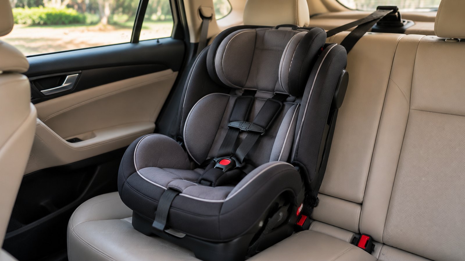 A forward-facing car seat in a back seat with the top tether strap attached to its anchor, no child - Stage Two: Forward-Facing With a Harness