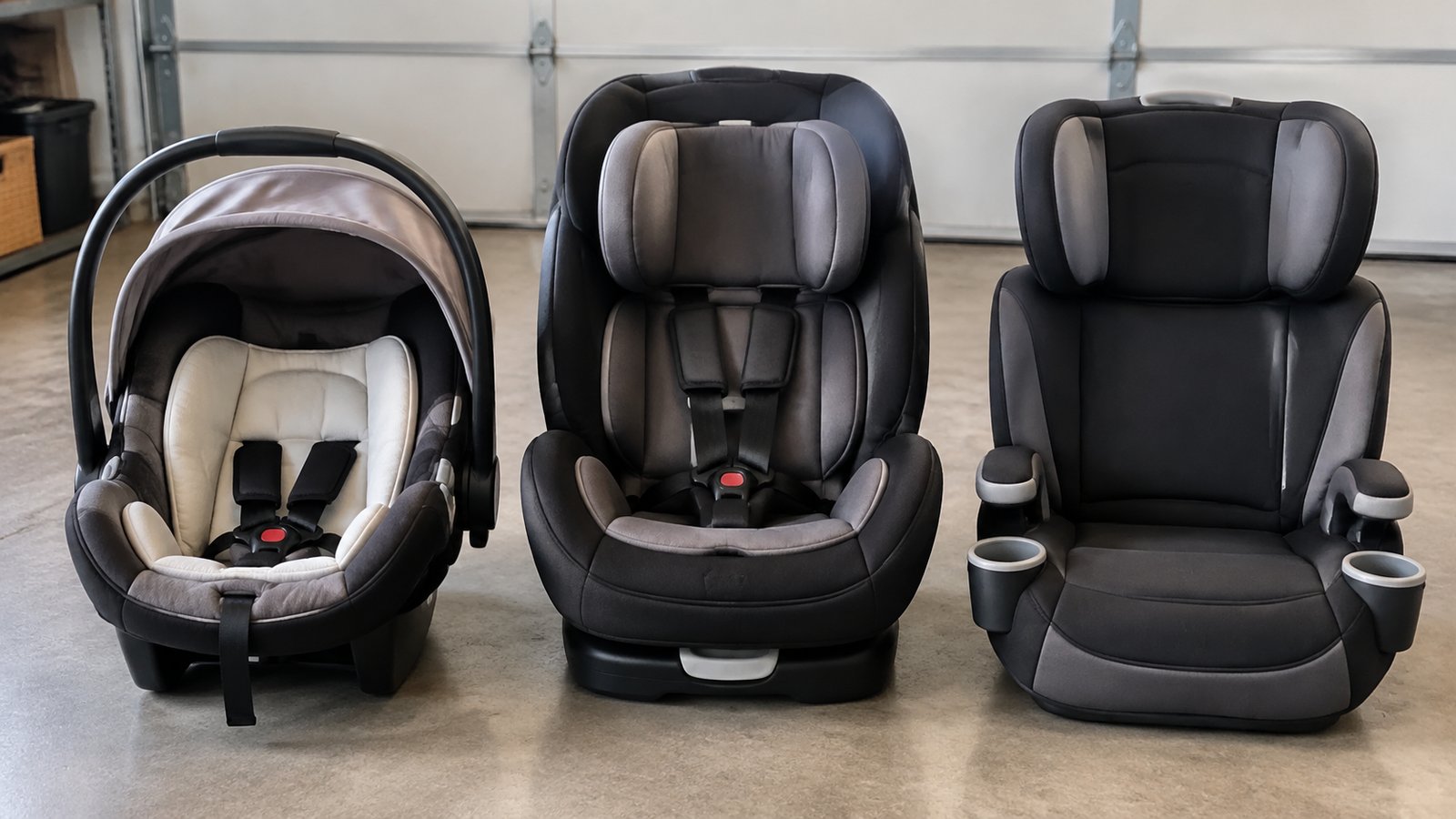 An infant seat, a convertible seat and a booster seat lined up side by side on a clean garage floor - The Four Stages in Brief