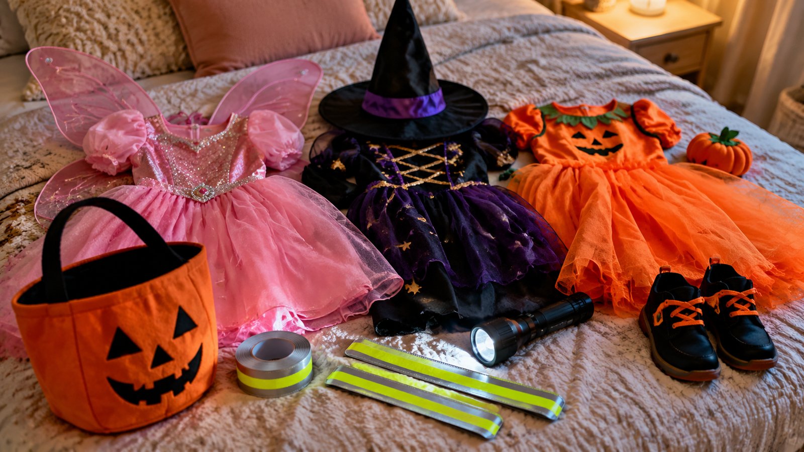 Halloween costumes laid out on a bed with reflective tape, a flashlight and a treat bag - Choose a Safe Costume
