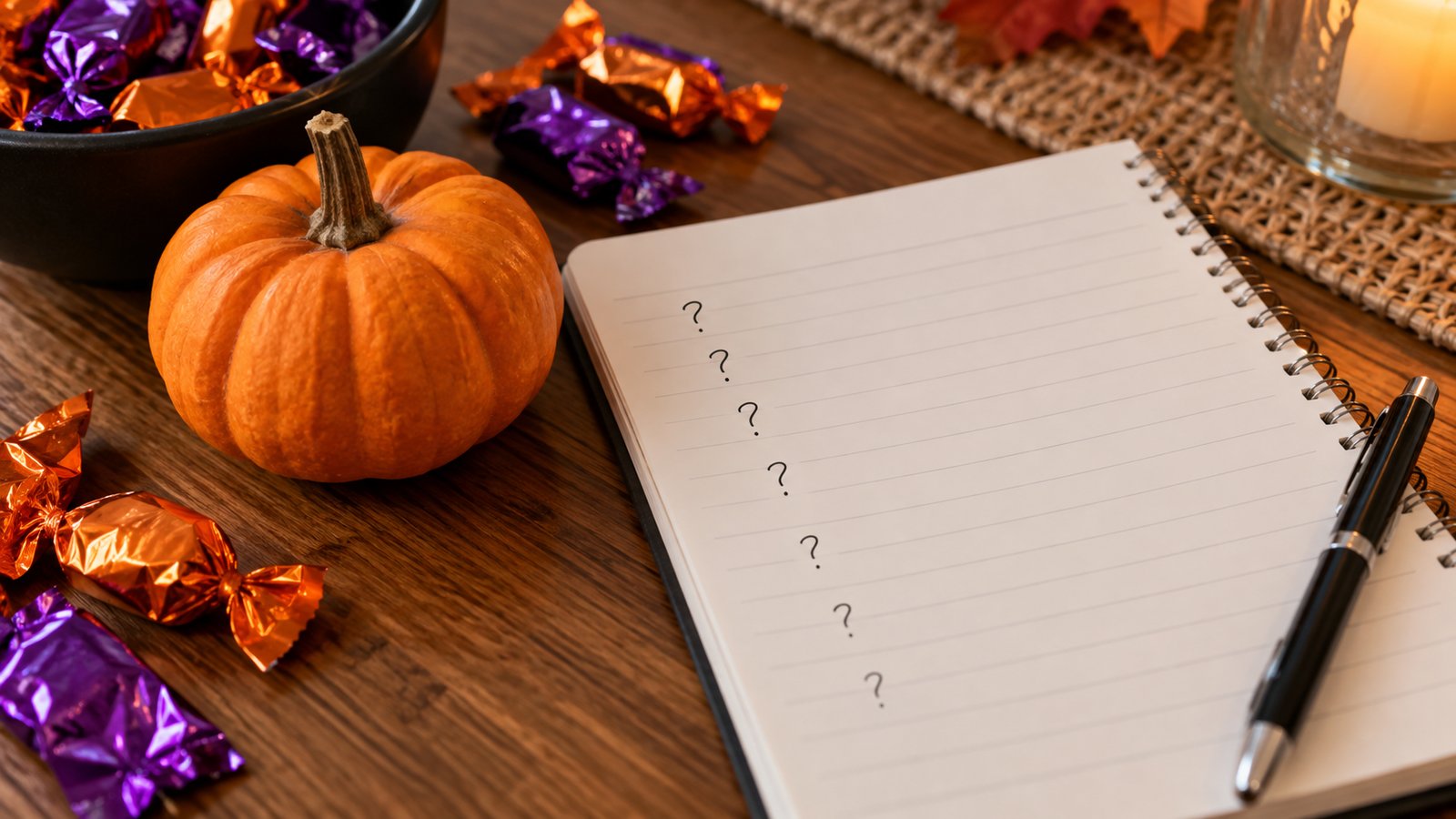 A notepad with questions written on it beside a mini pumpkin and wrapped candy on a table - Frequently Asked Questions